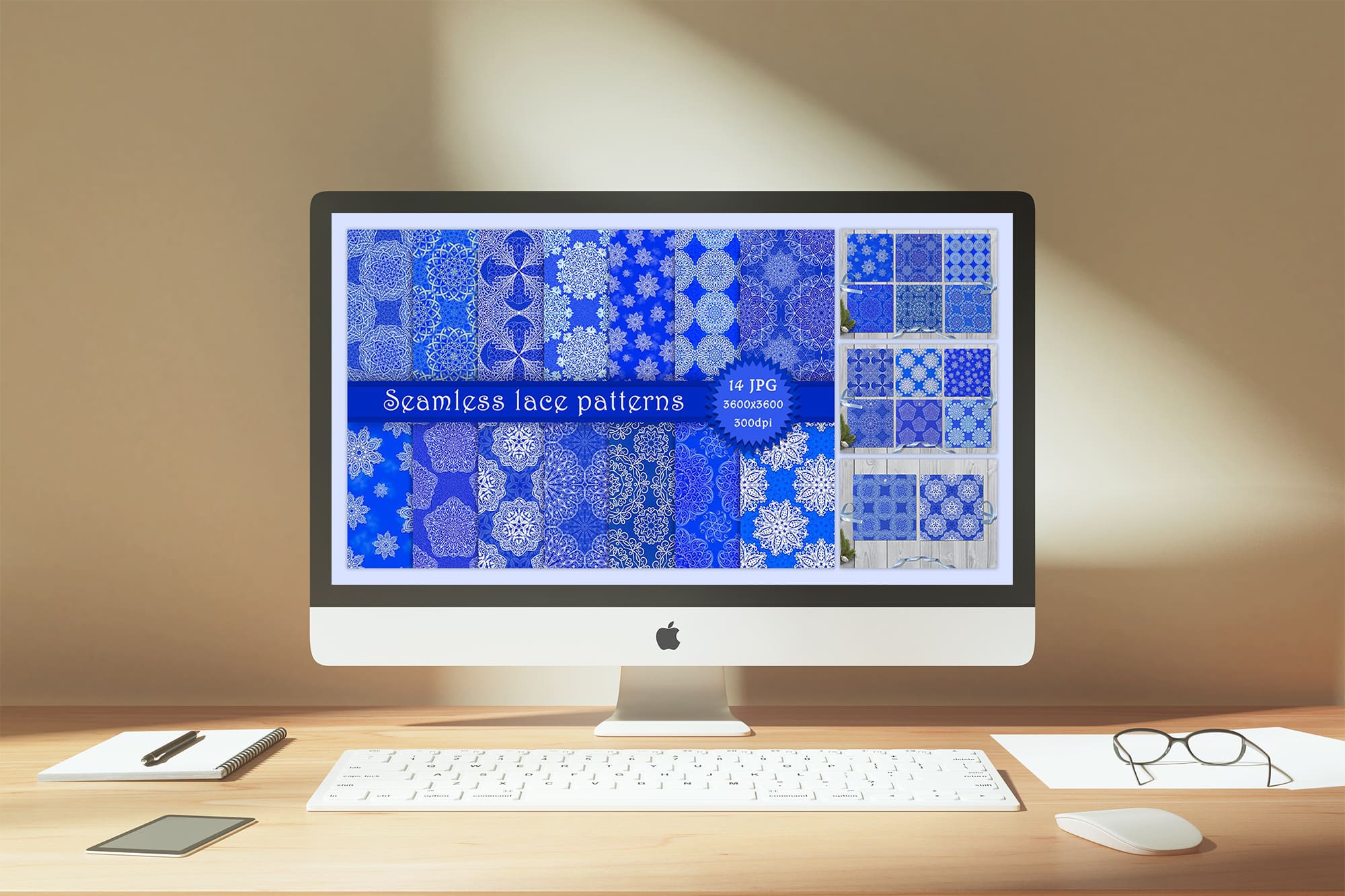 Mockup of a iMac with different seamless lace patterns.
