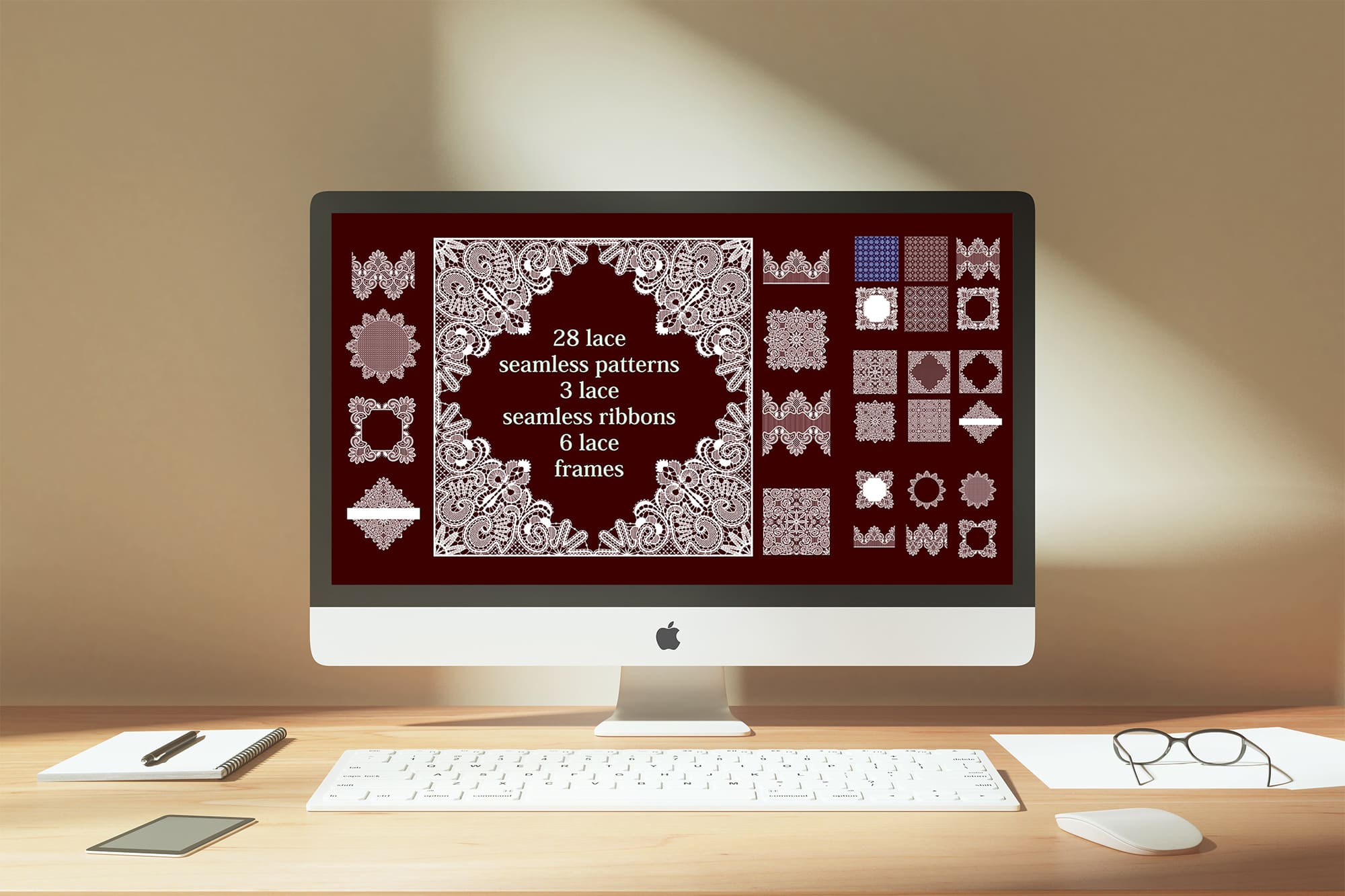 Lace Patterns Collection on the IMac Mockup.