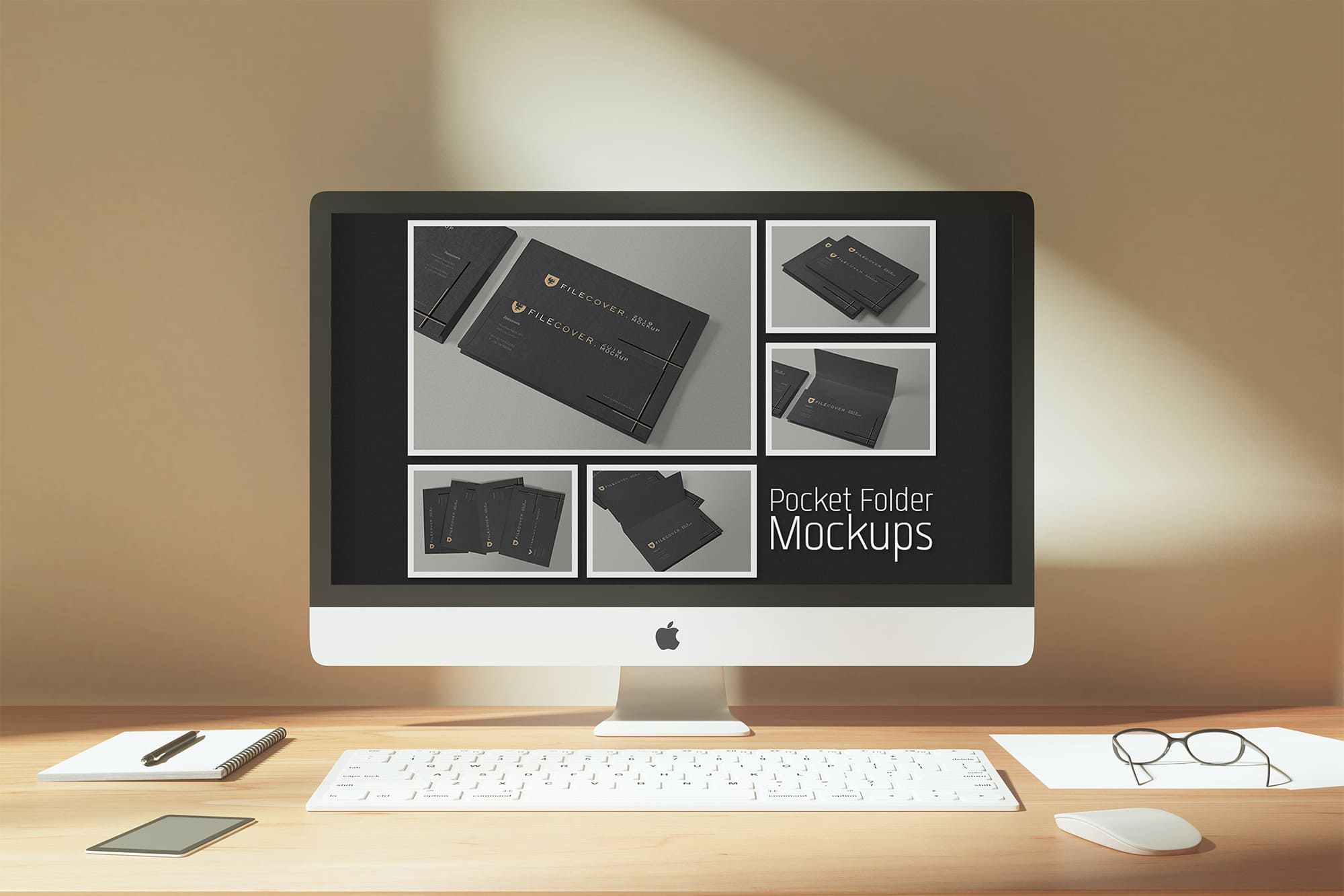 PC on screen with great design pocket folder images.