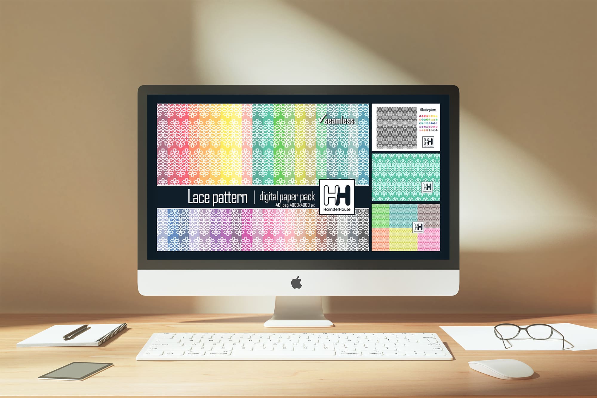 Lace Pattern Digital Paper Pack on the IMac Mockup.
