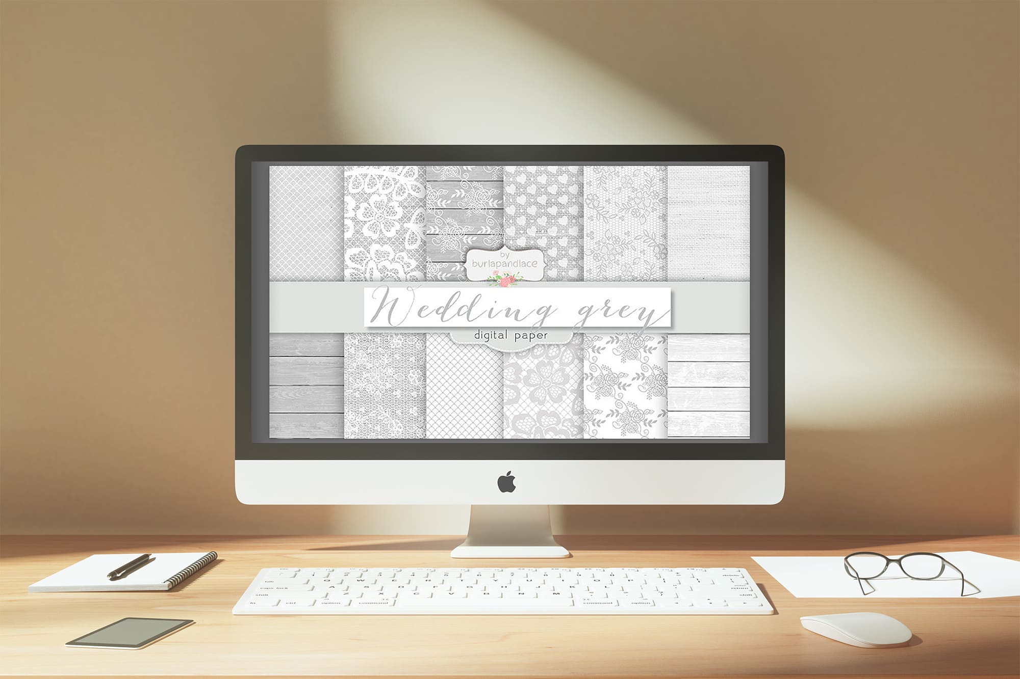 Grey Wedding Digital Paper Pack on the IMac Mockup.