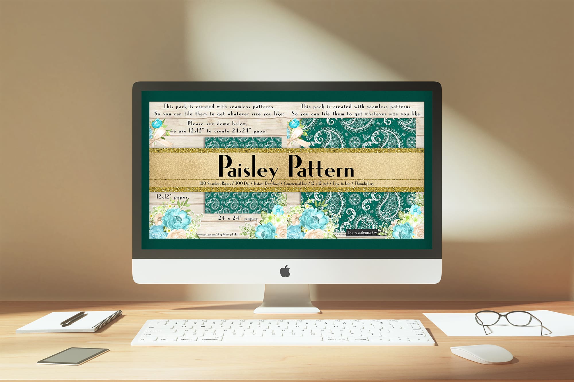 100 Seamless White Lace Paisley Digital Papers on the IMac Mockup.