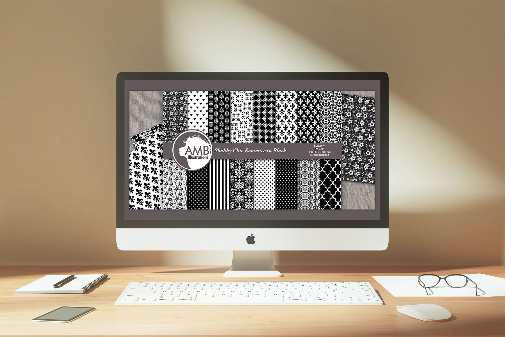 Shabby Chic Black Lace Papers AMB-1026 on the IMac Mockup.