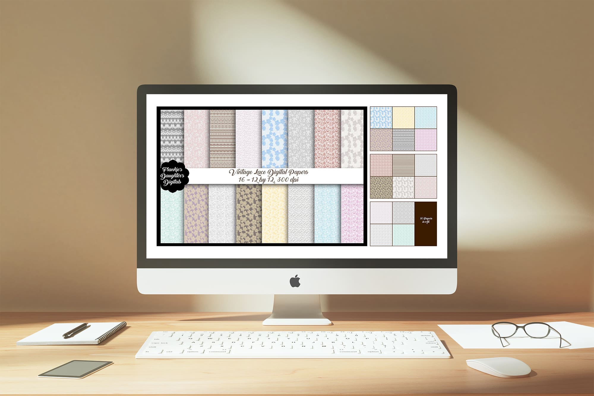 Vintage Lace Digital Papers, Shabby Chic Backgrounds on the IMac Mockup.
