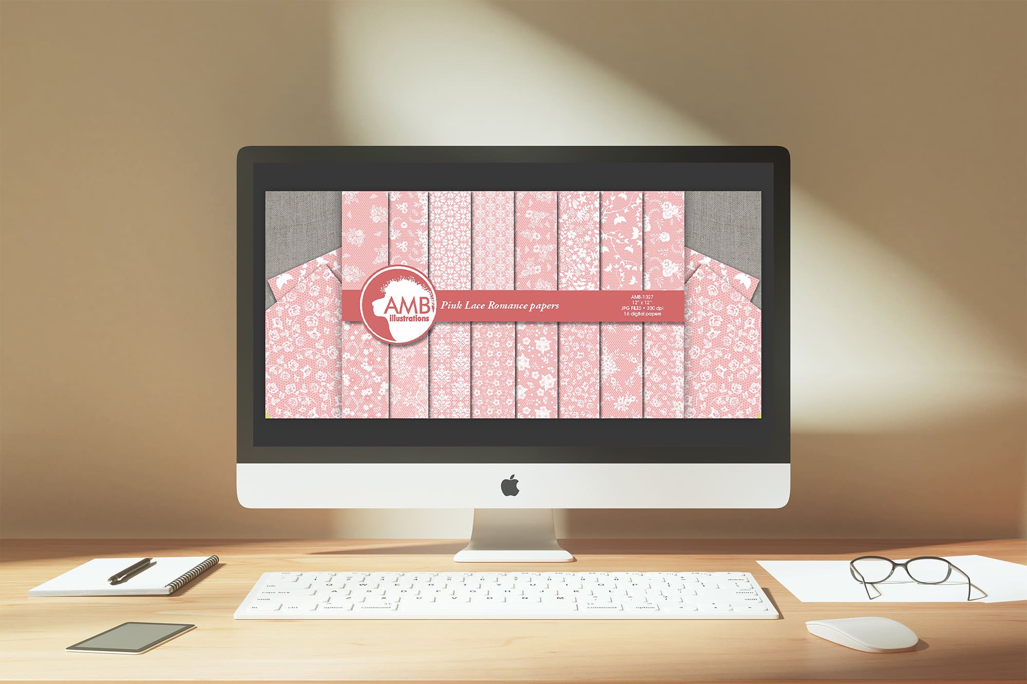Pink Lace Papers AMB-1027 on the IMac Mockup.