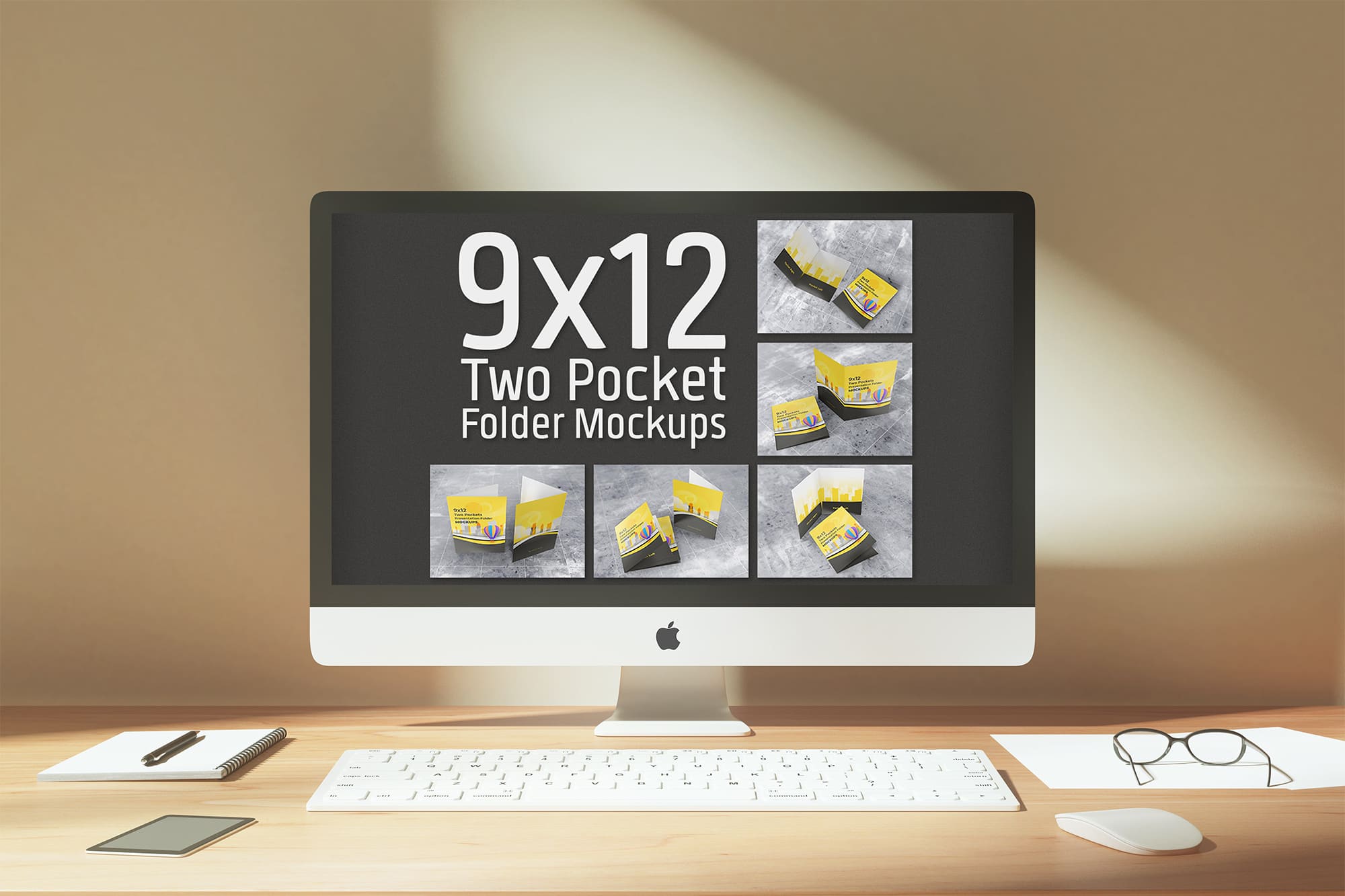 PC on screen showing cute 9x12 presentation folder mockup.