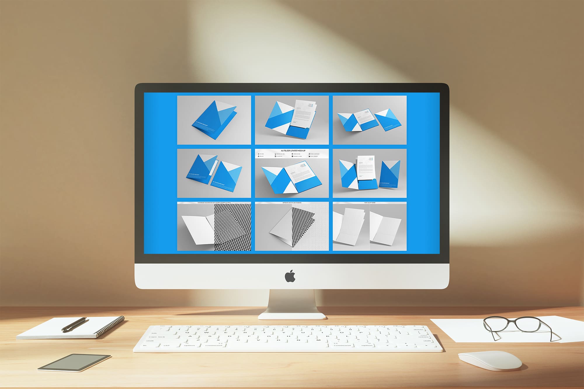 PC on screen showing cute A4 folder & paper mockup.