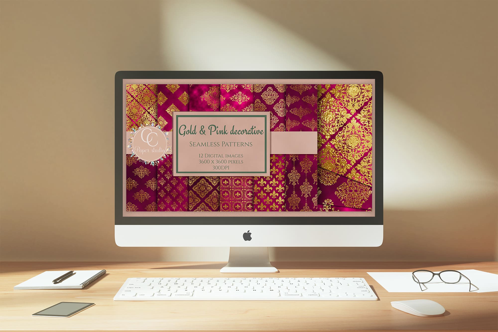 Digital paper - Pink & Gold Damask on the IMac Mockup.