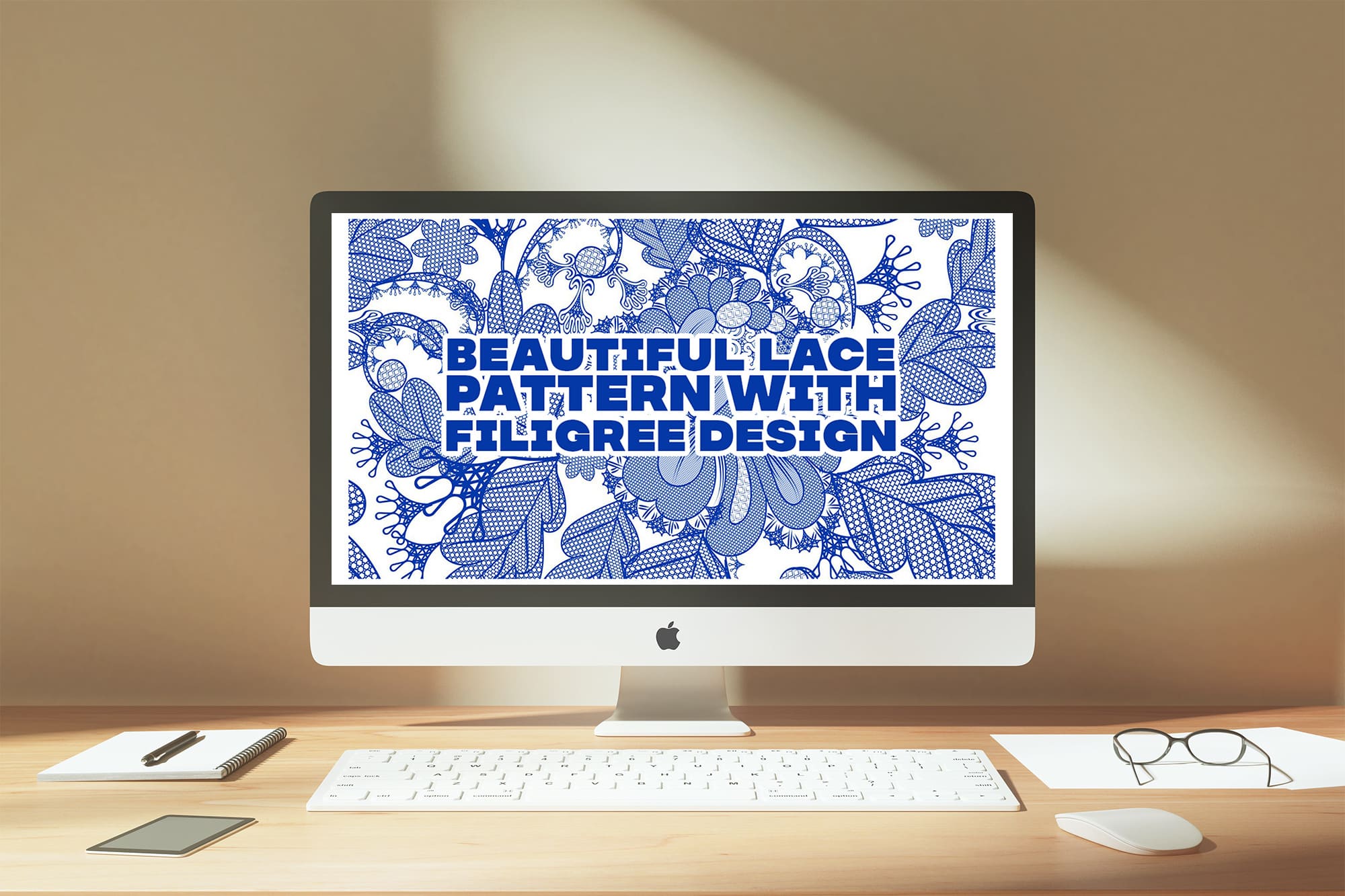 Beautiful Lace Pattern With Filigree Design on the IMac Mockup.