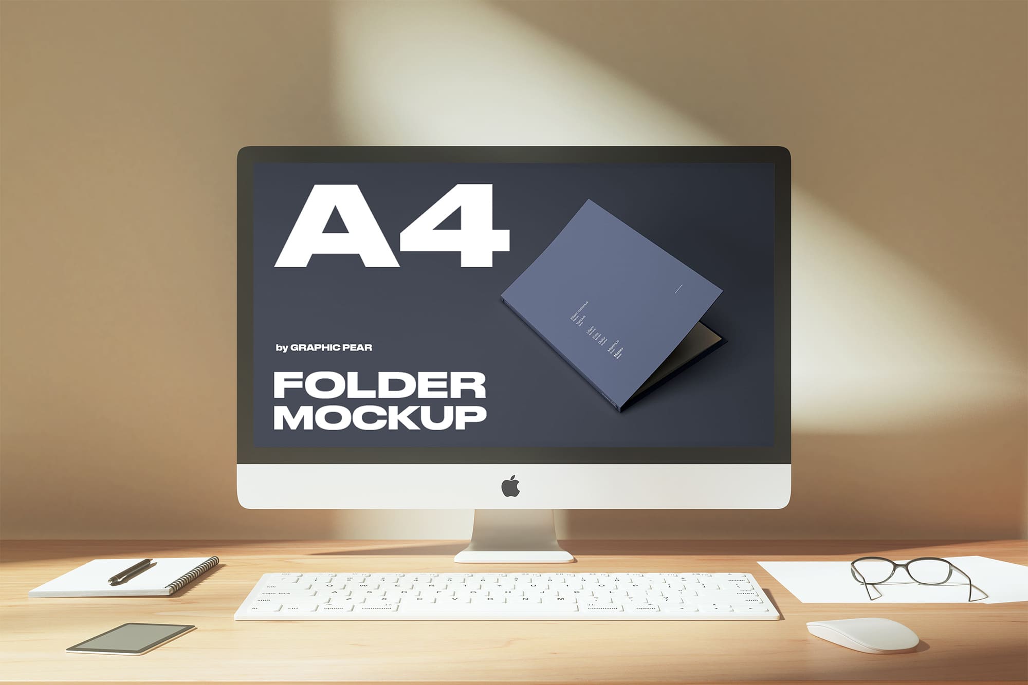 PC on screen with marvelous A4 folder mockup images.