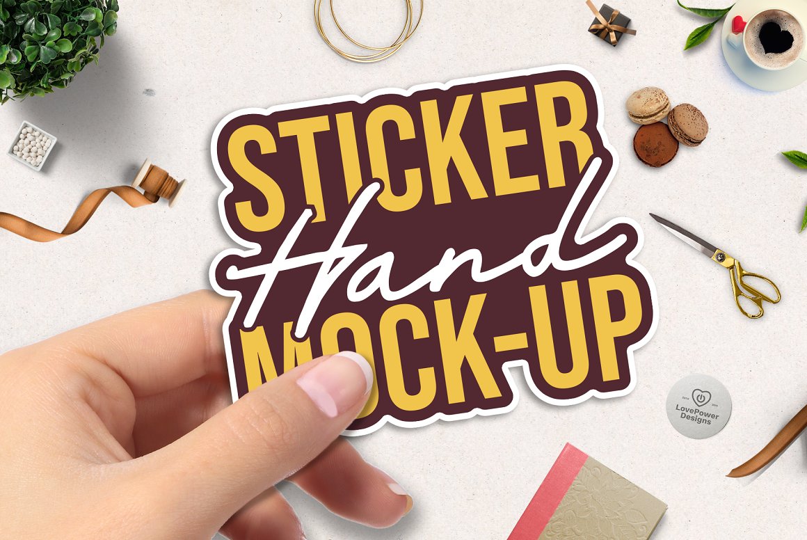 Images of a beautiful sticker mockup with images of a female hand.