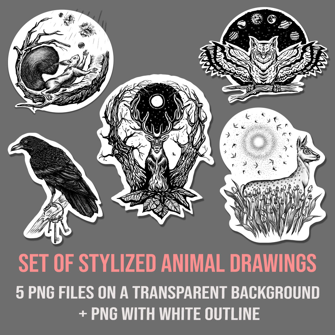 mokup set of stylized animal drawings gray