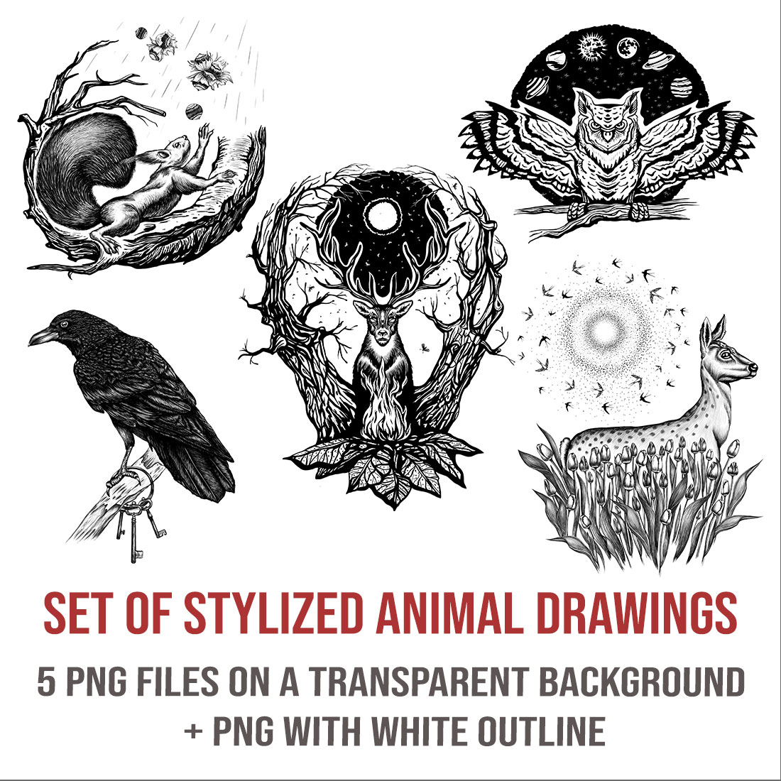 mokup set of stylized animal drawings