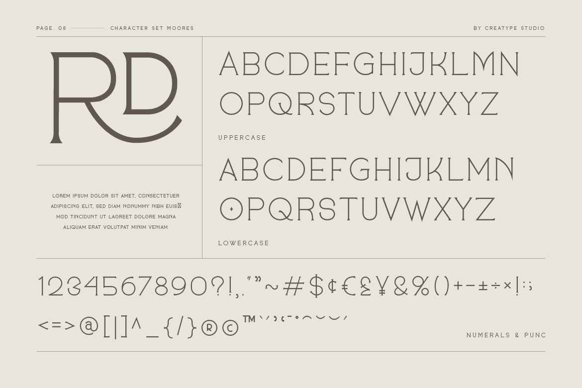 Moores Modern Serif Business Font alphabet preview.