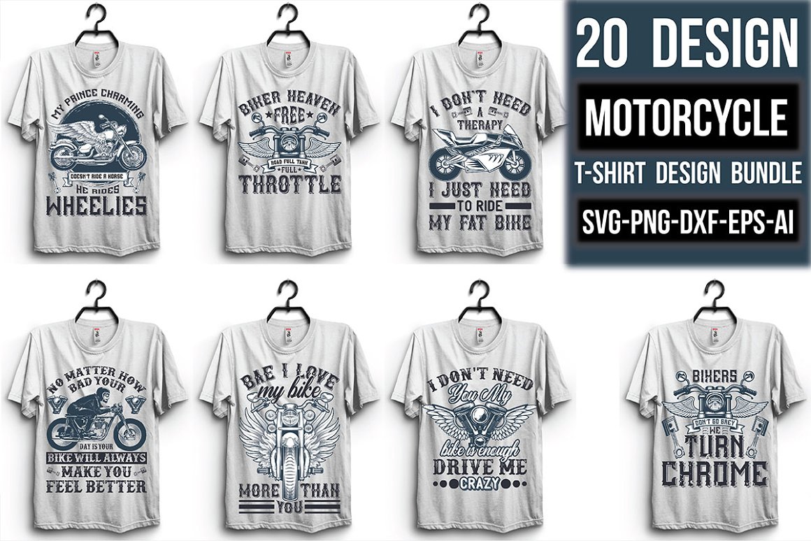 A selection of white T-shirts with enchanting prints on a motorcycle theme.