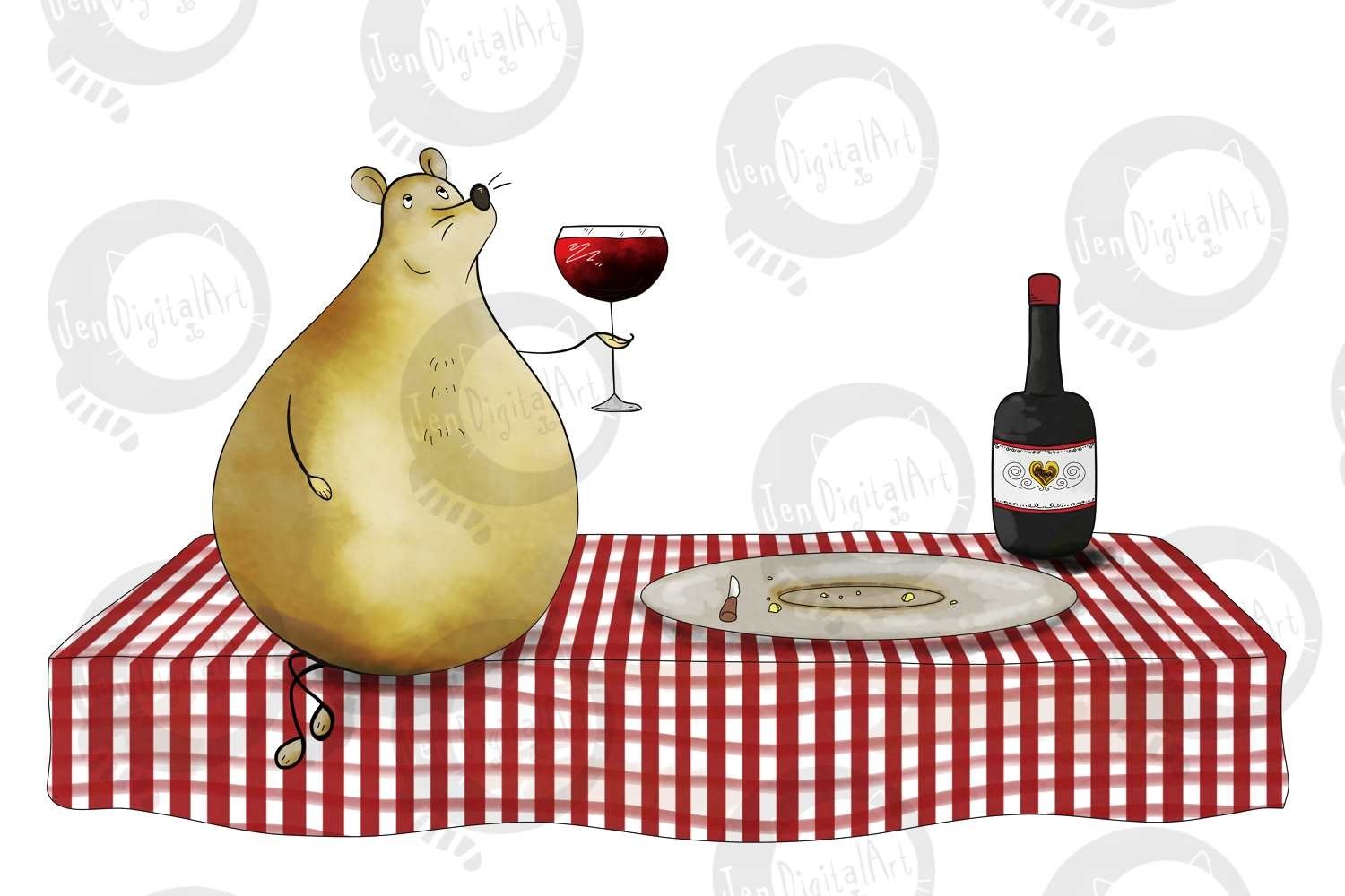 A bright image of a plump mouse with a glass of wine having eaten hard cheese.