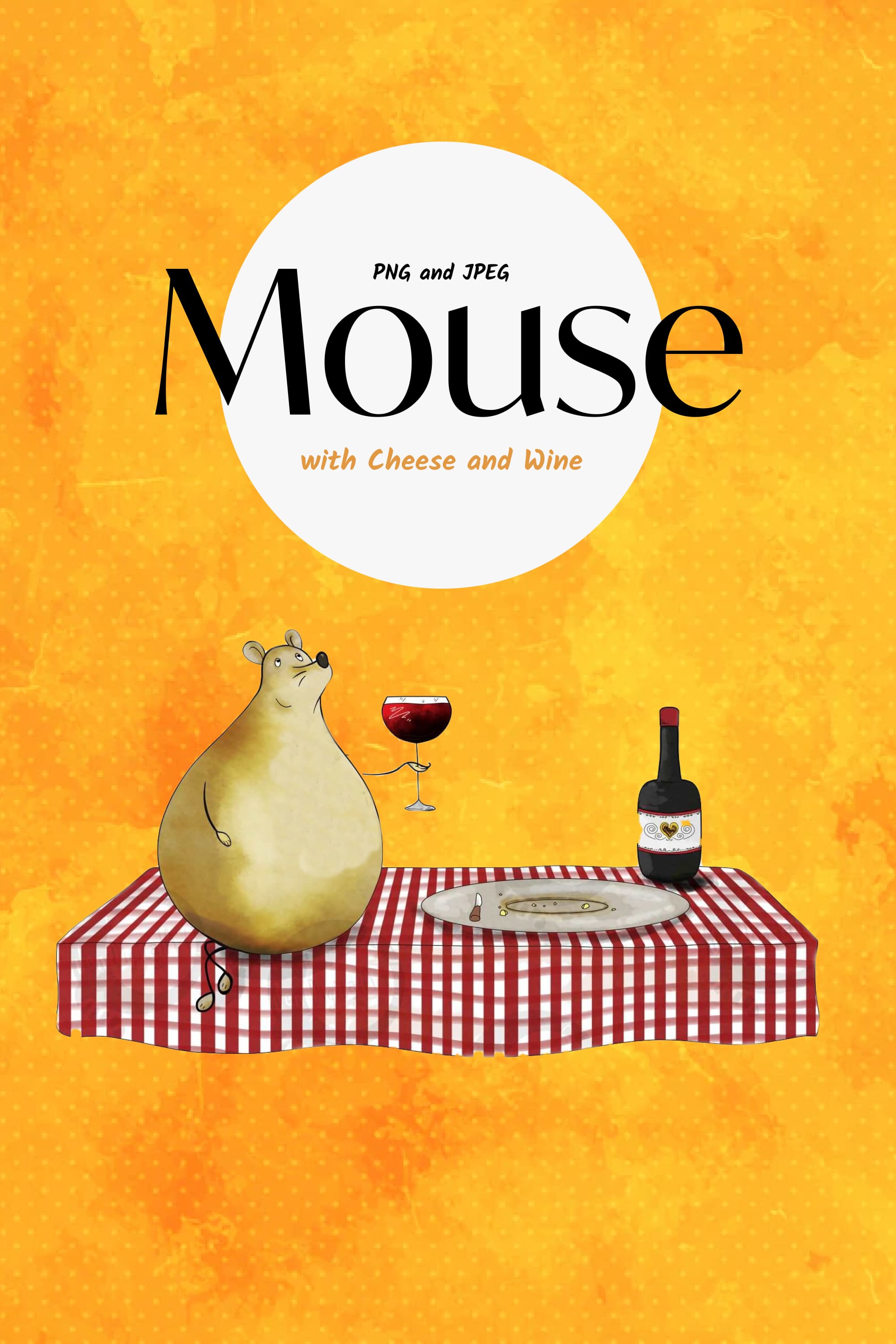 Colorful image of a plump mouse with a glass of wine on an orange background.