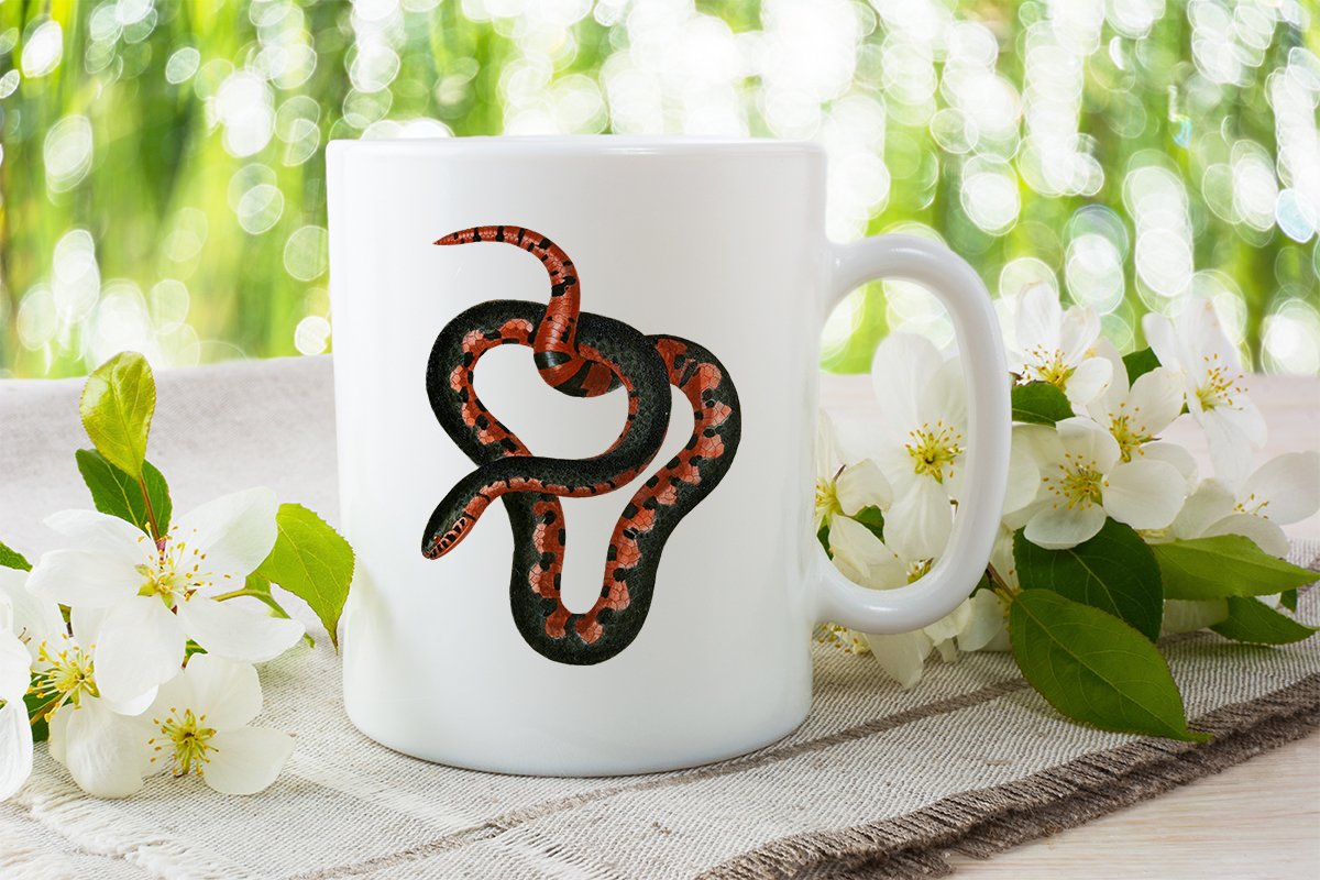 White mug with a colorful image of a mud snake.