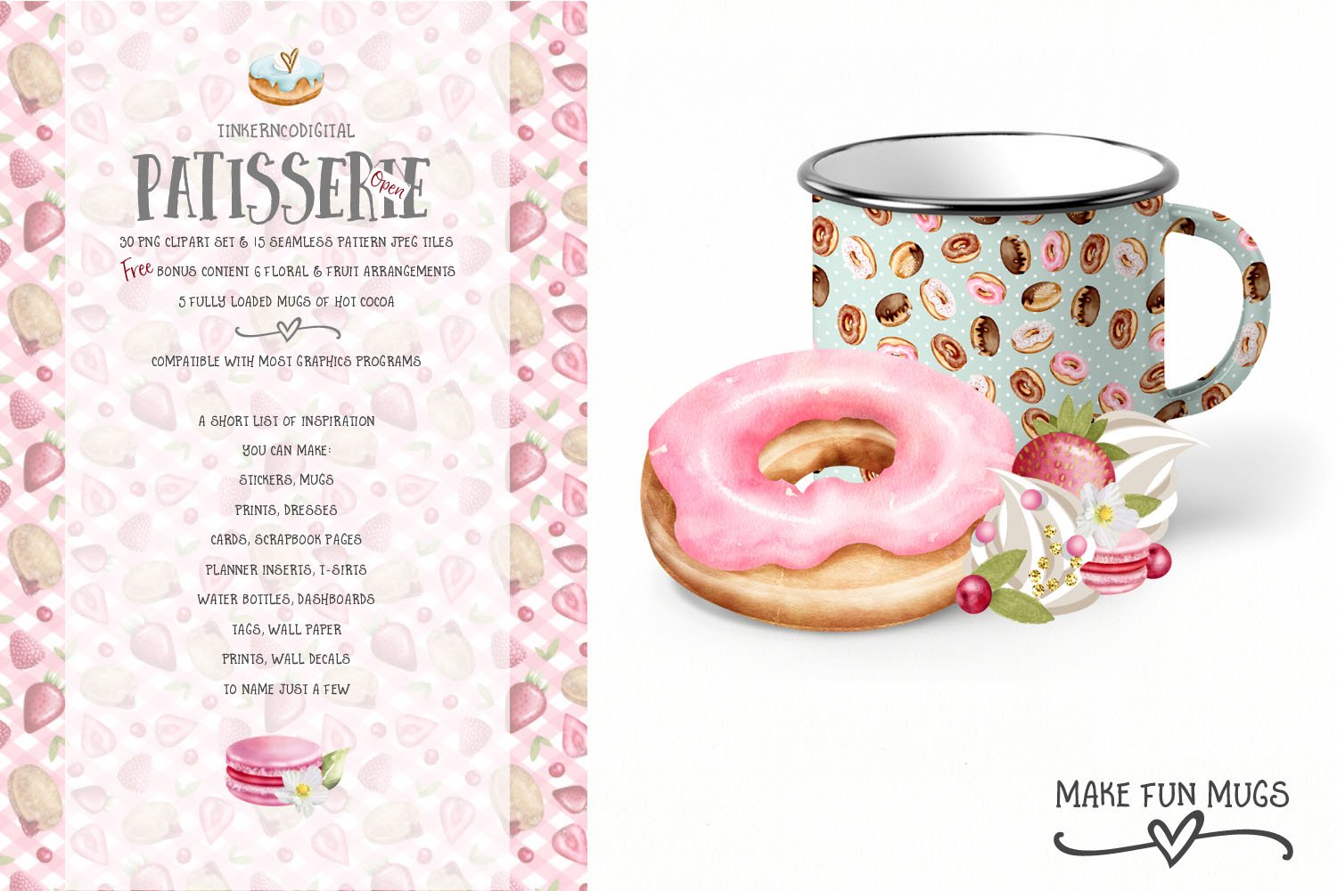 Metal mug with a simple macaroon illustration and with a donut.