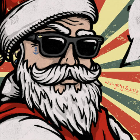 Image of manly santa's head in sunglasses.
