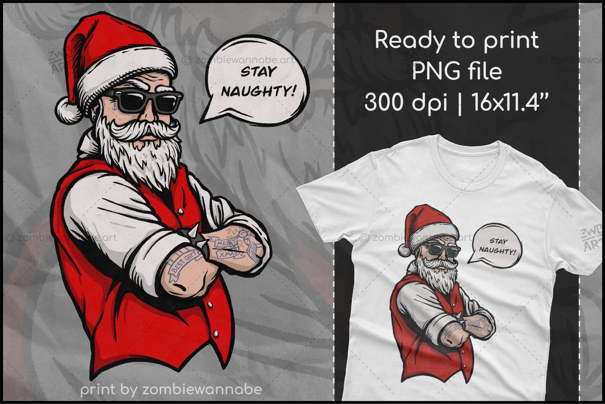Colorful image of brutal santa on a white t-shirt.