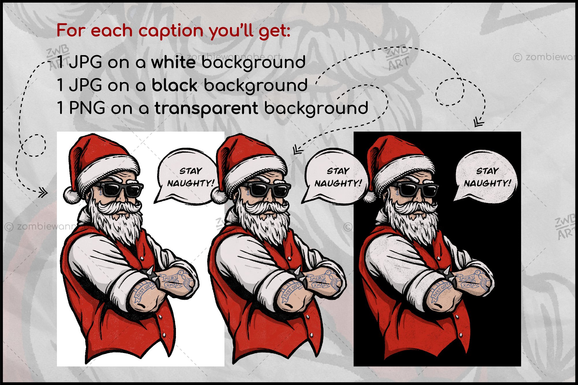Collection of gorgeous images of brutal santa on black and white background.