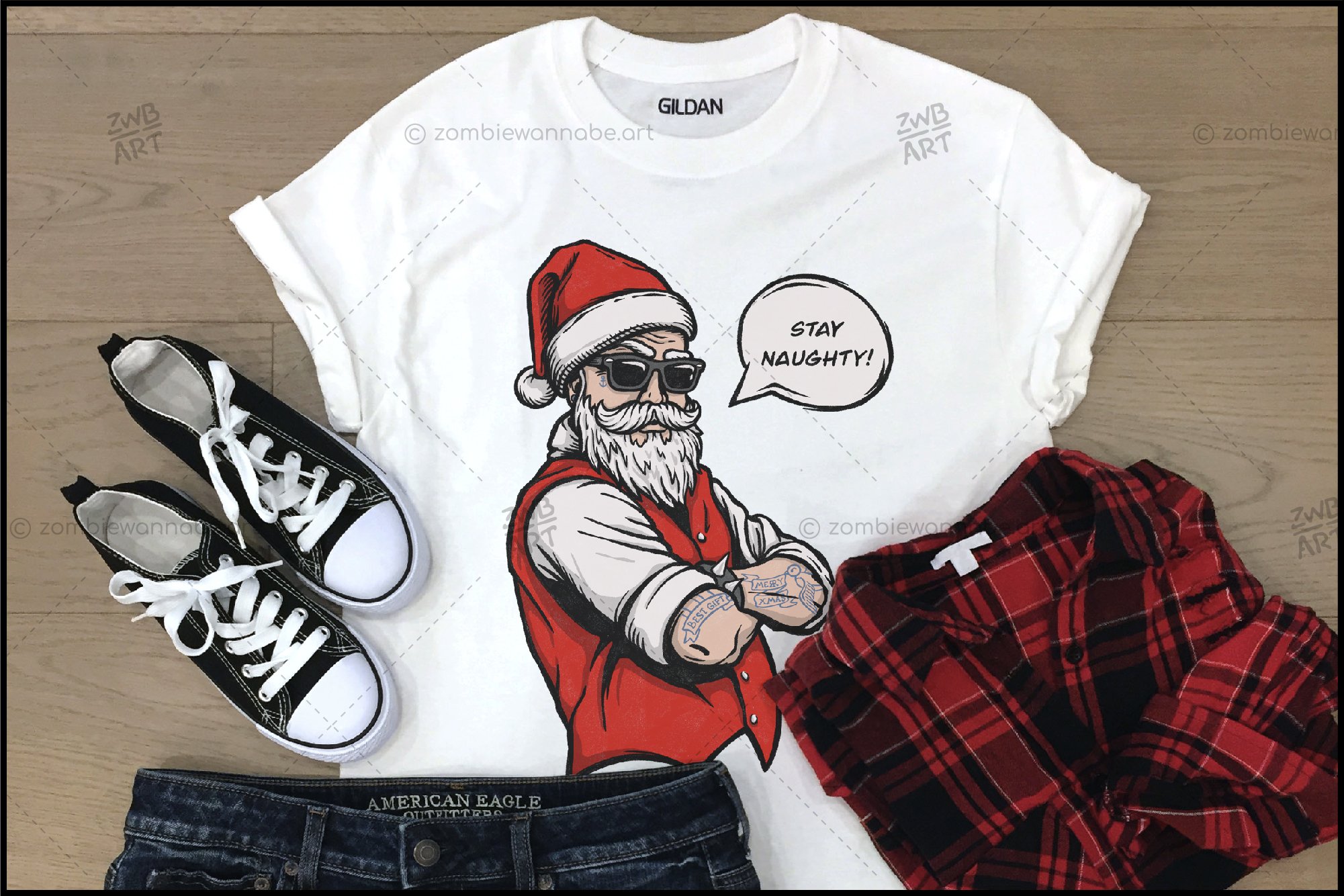 White t-shirt with colorful brutal Santa print.