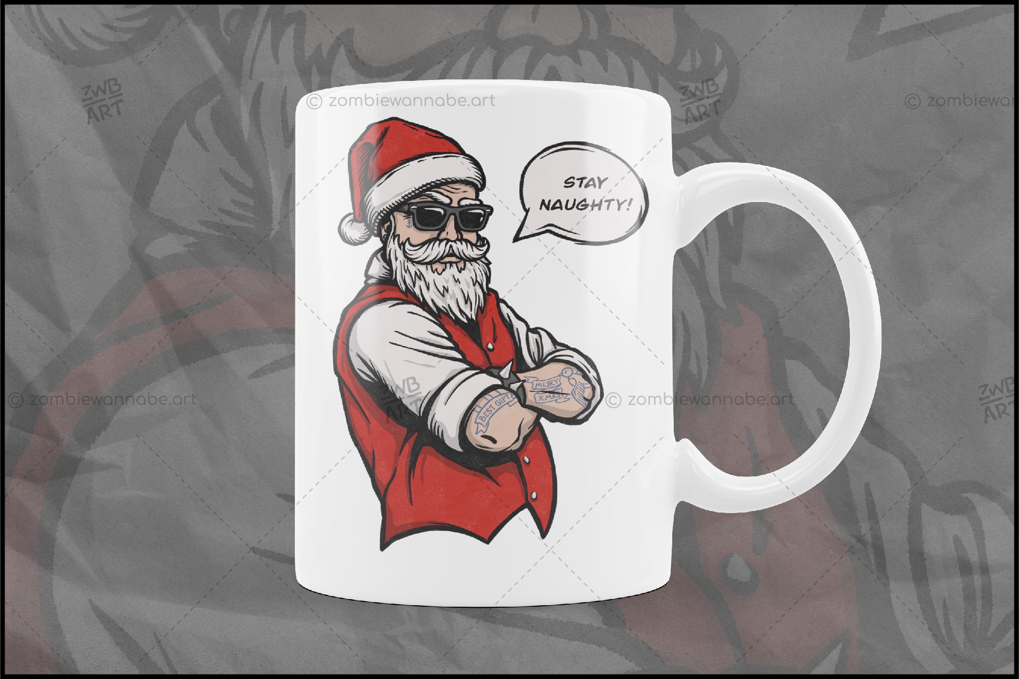 White cup with a memorable image of brutal Santa.