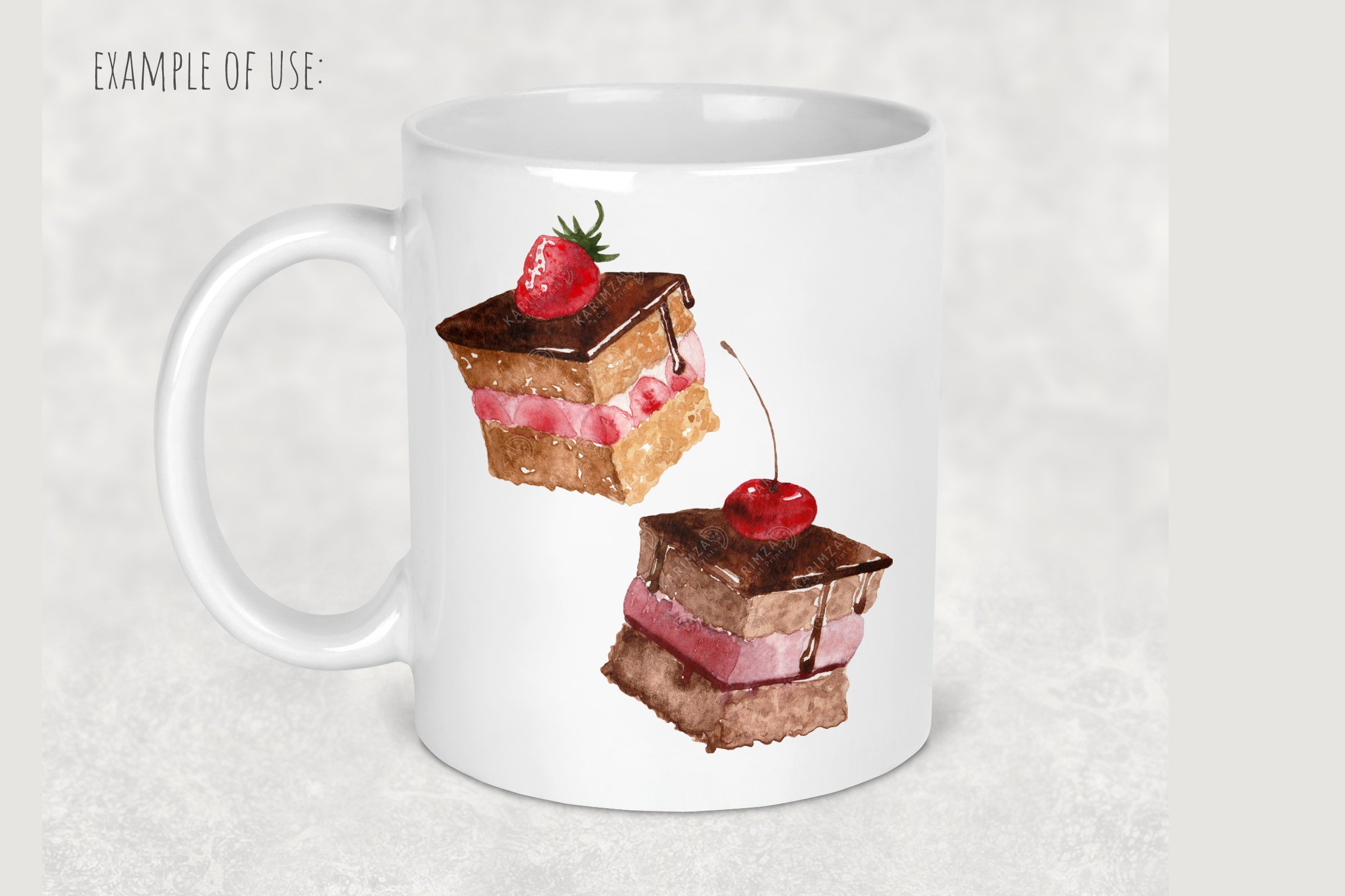 Classic big white tea cup with the dessert illustration.