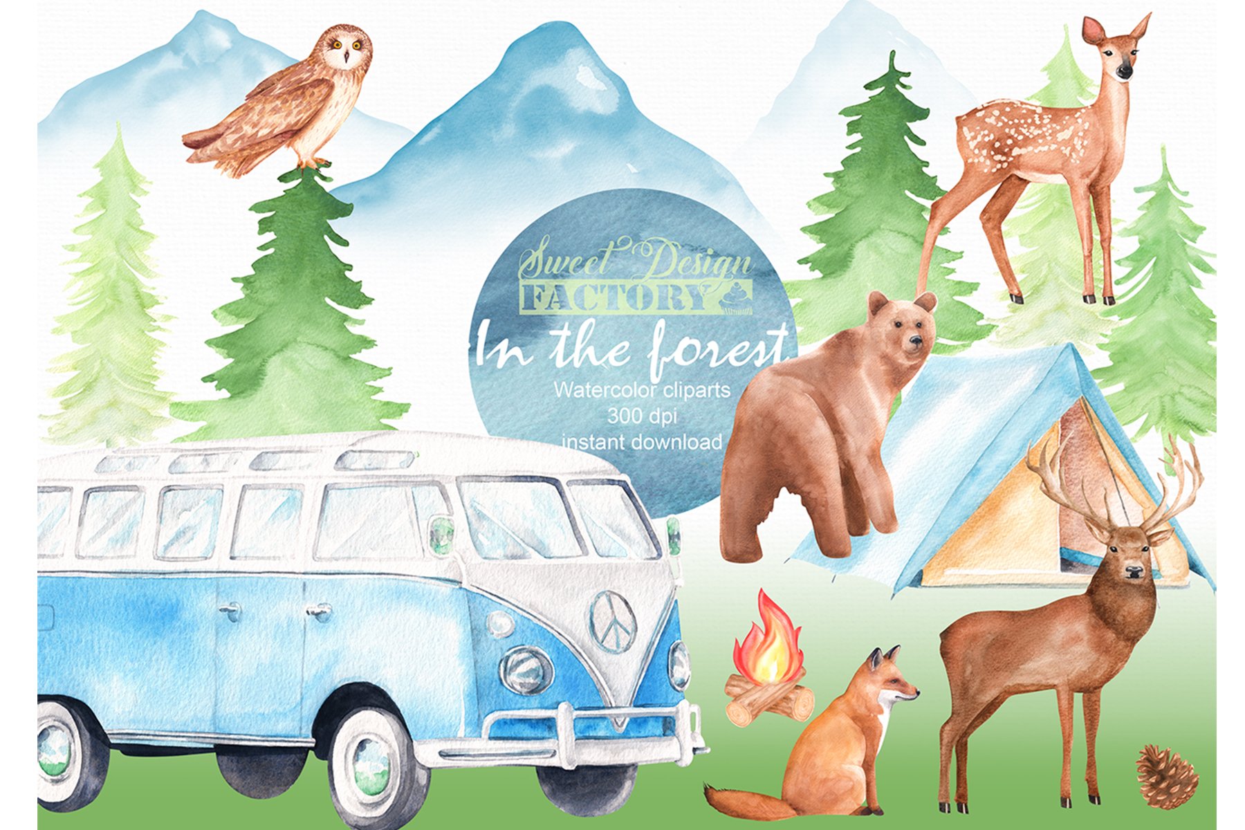 High quality camping illustration in a watercolor style.