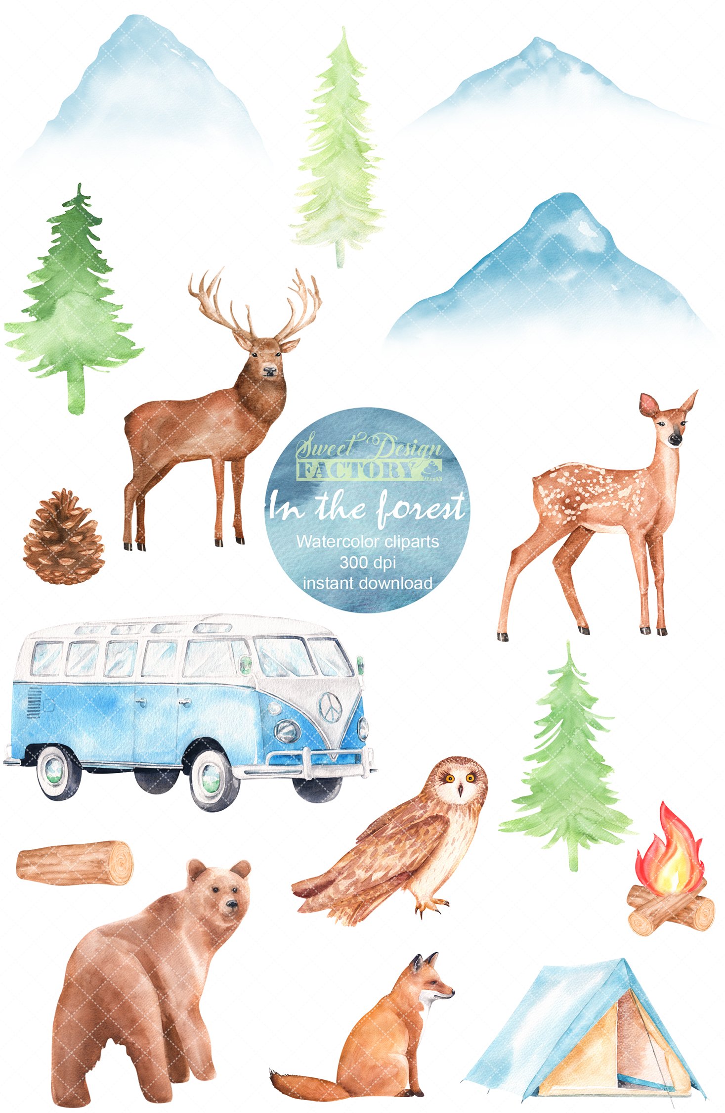 Some elements for creating modern watercolor camping illustration.