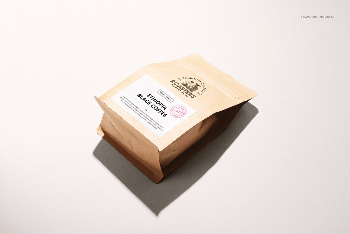 Kraft bag with coffee and a white label with the lettering "Ethiopia black coffee".