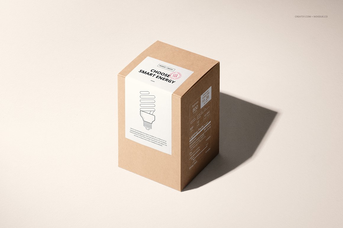 Craft box with a light bulb and a white label with a picture of a light bulb and the inscription "Choose smart energy".