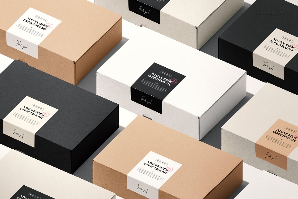 3 white boxes with black labels and the lettering "You've been expecting me", a gray box with a beige label and the same lettering, 2 black boxes with a white label and the same lettering and 2 beige boxes with a white label and the same lettering.