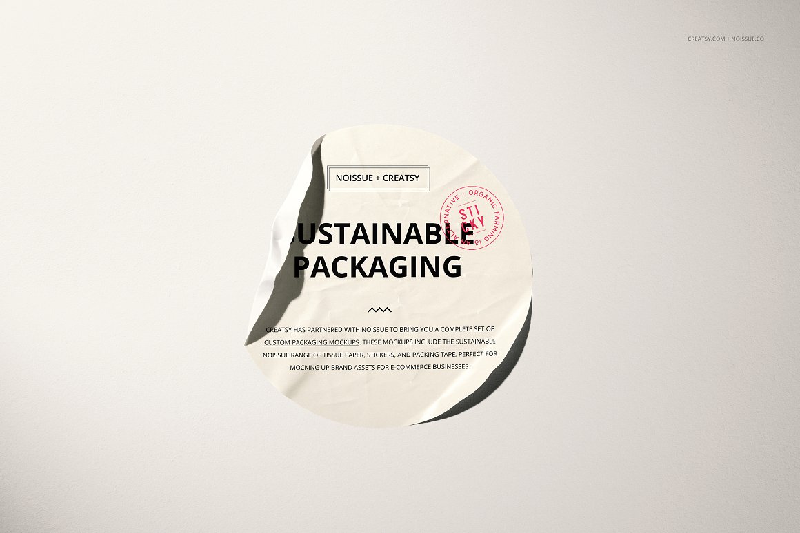 A white label with the lettering "Sustainable packaging".