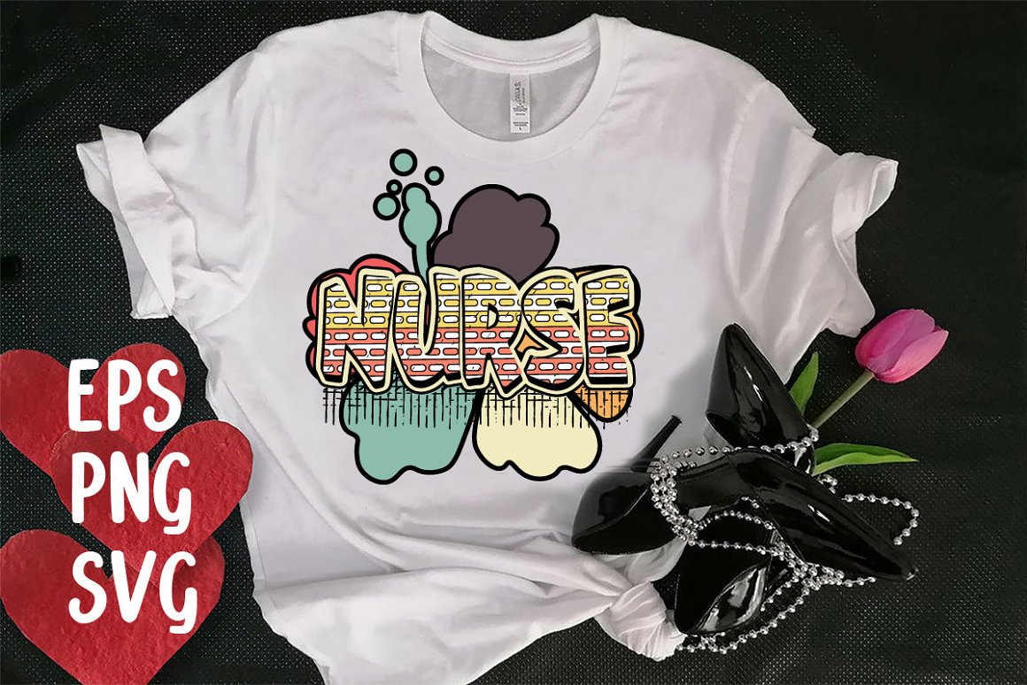 White T-shirt with colorful nurse print.