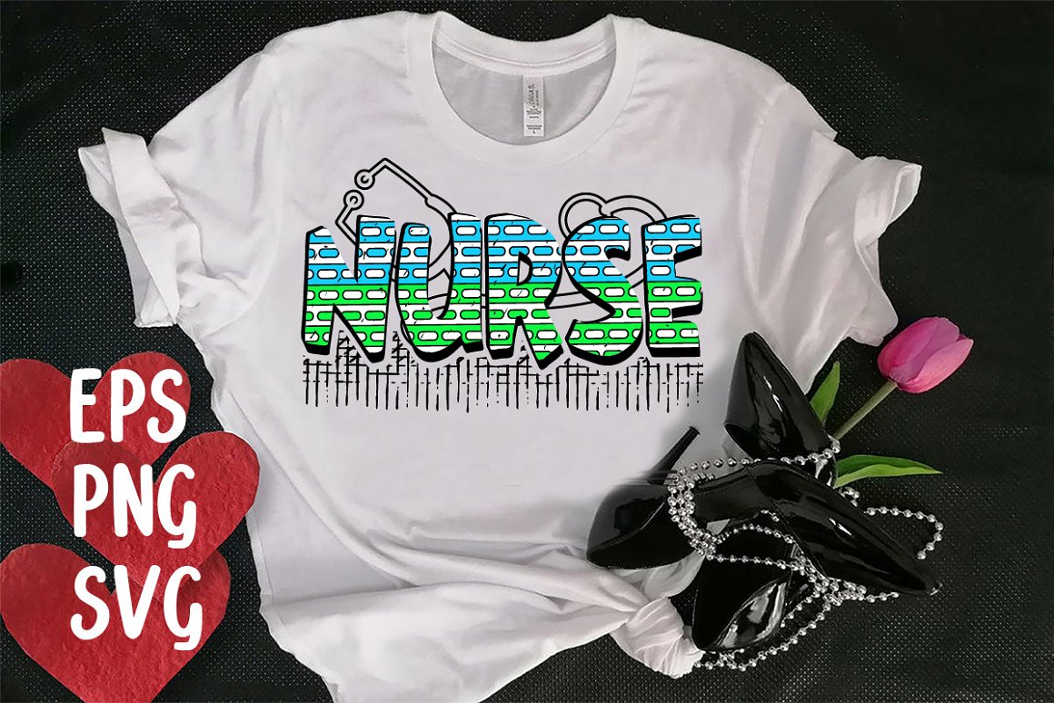 White t-shirt with a bright image of a nurse.