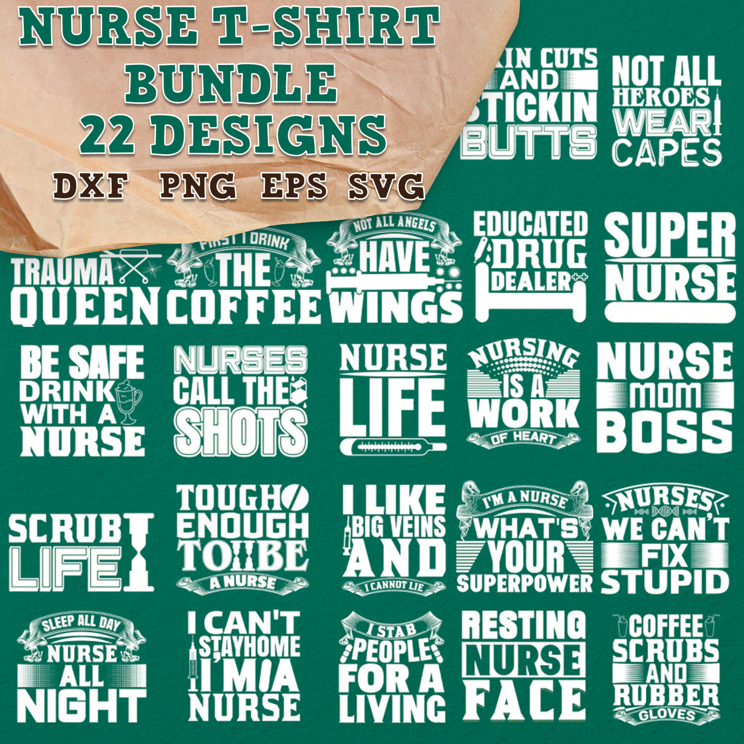 A collection of charming white images on a green background about a nurse.