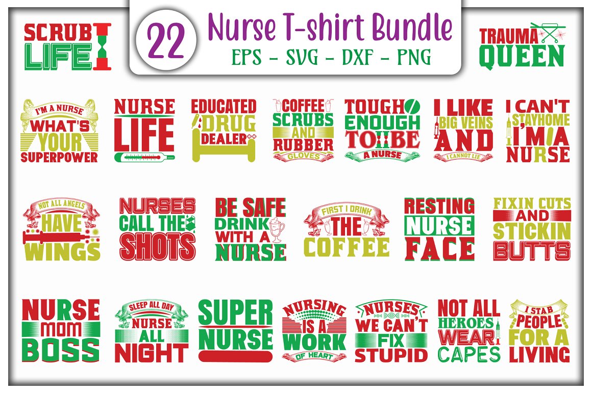 Collection of bright prints for t-shirts about a nurse.