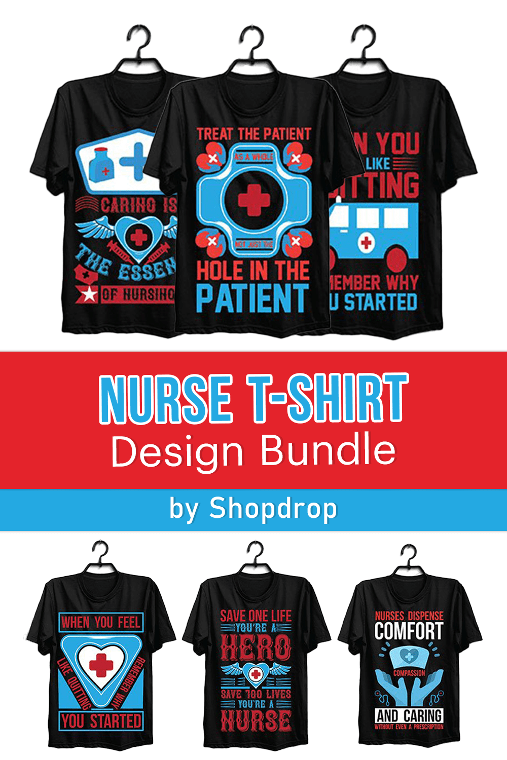 A selection of black t-shirts with a beautiful nurse work print.