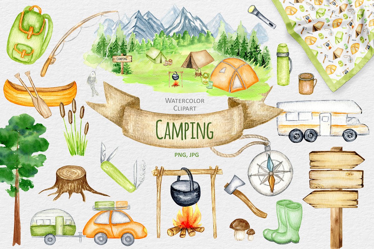 Cover image of Camping & Travel Watercolor Clipart.