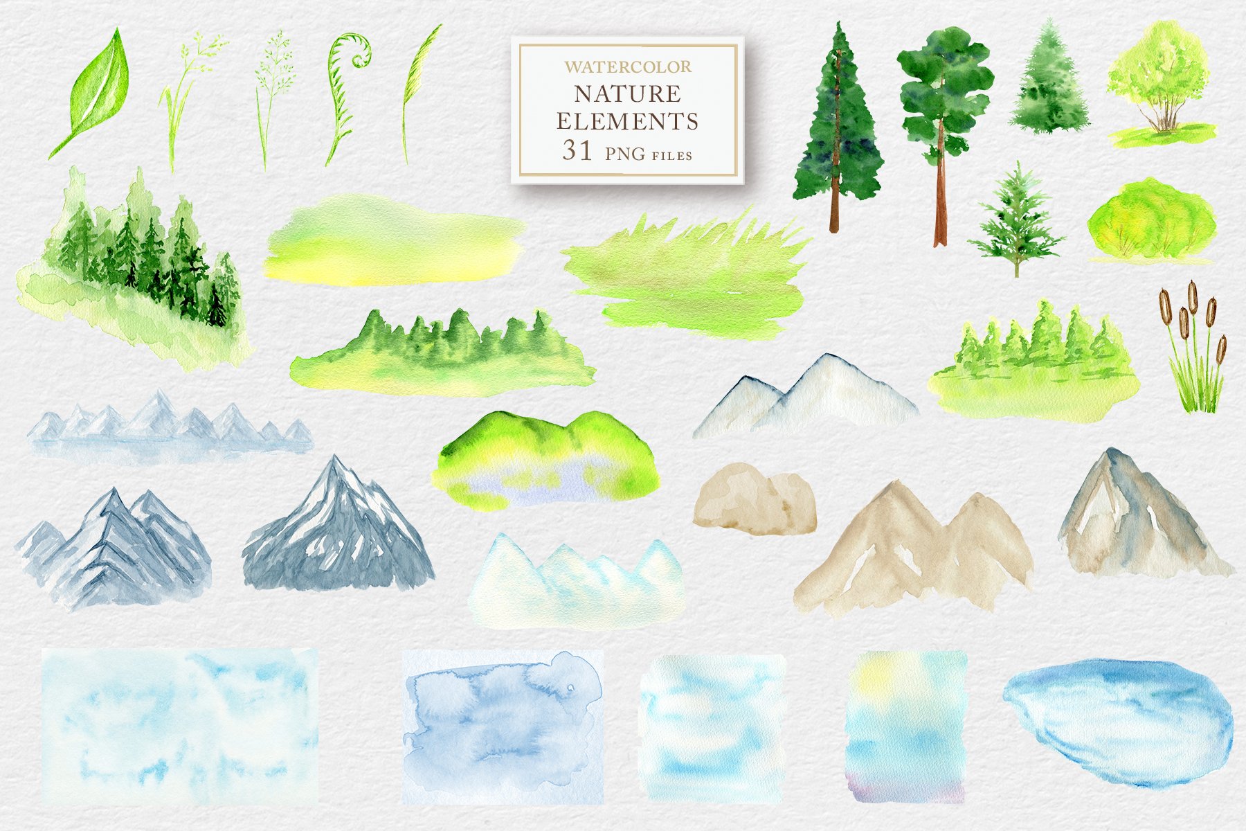 Diversity of watercolor nature elements.