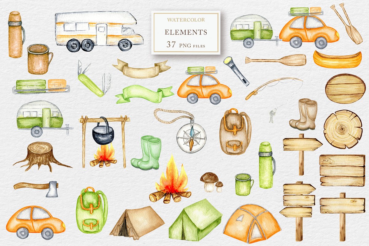 There are a lot of watercolor elements for camping.