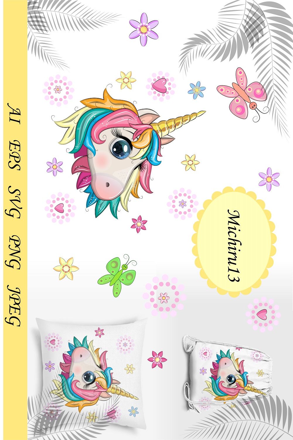 Cute Unicorn Face with Beautiful Eyes Rainbow Bangs Graphics Pinterest image.