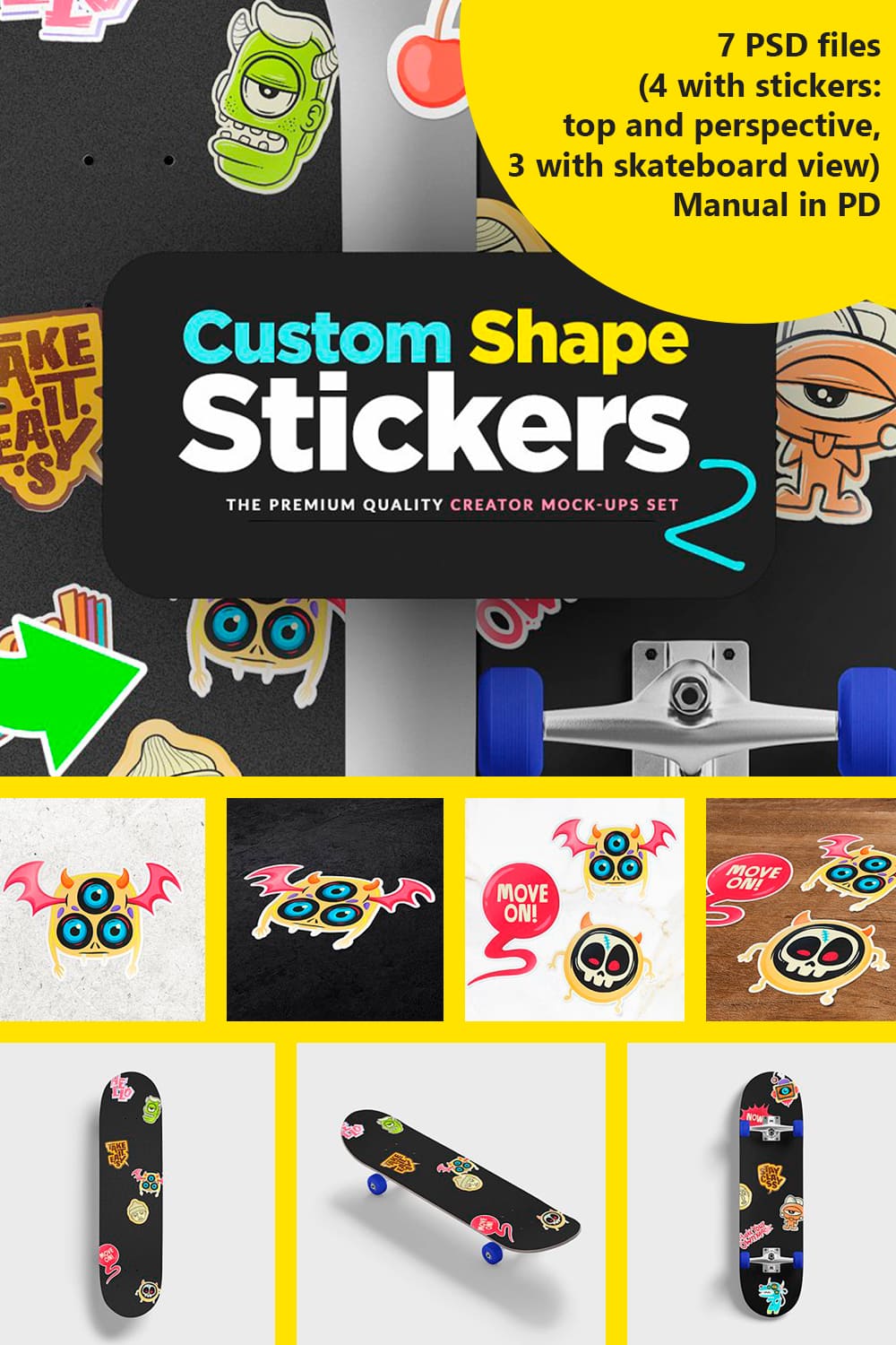 A selection of images with colorful stickers.