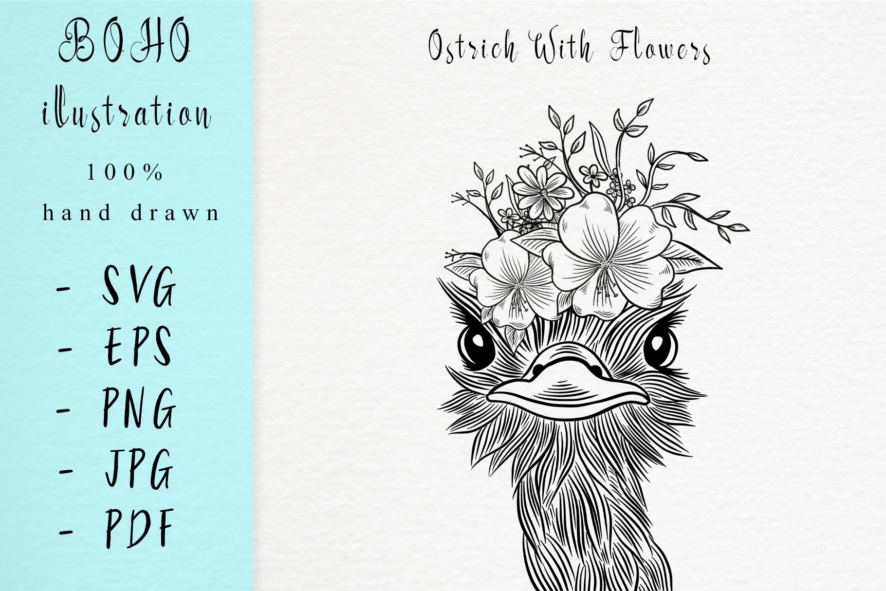 Hand drawn ostrich with flowers.
