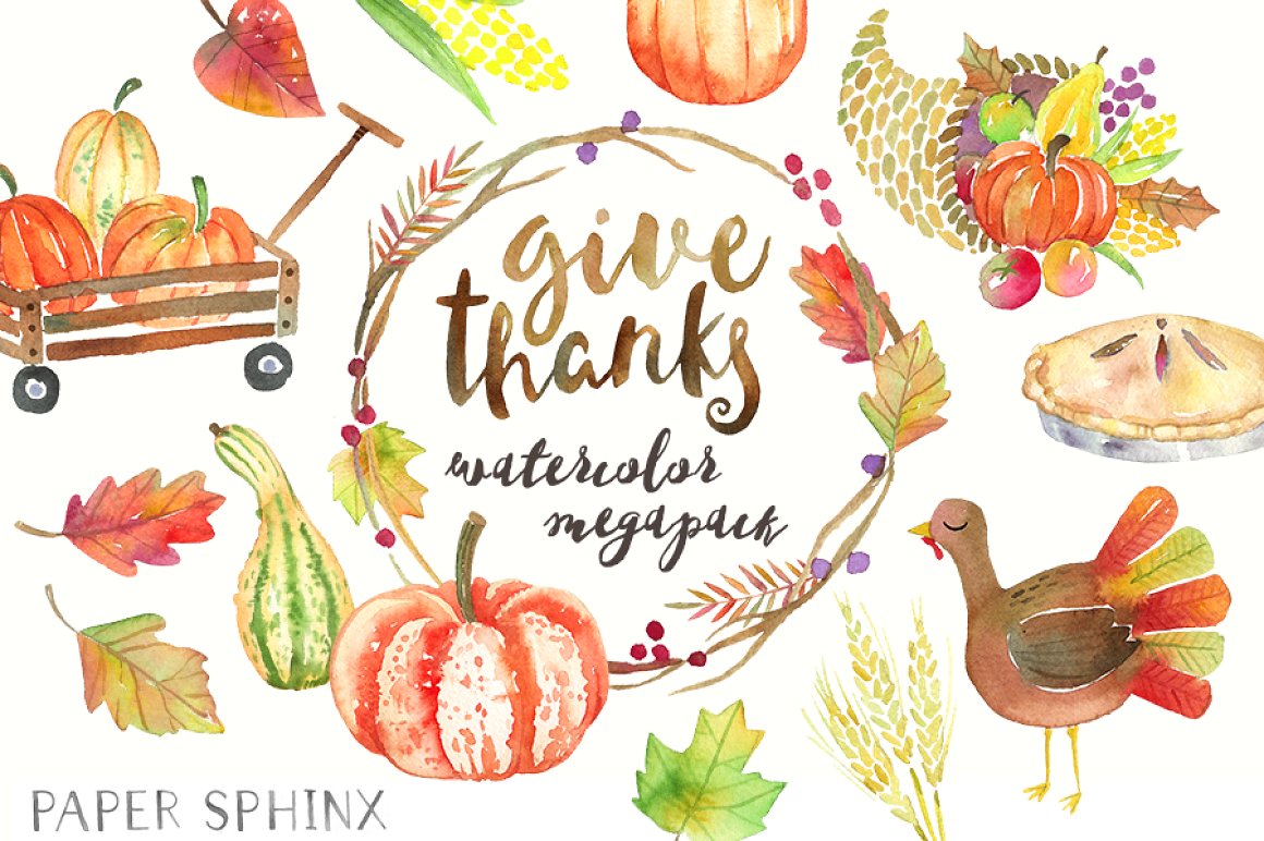 High quality watercolor elements for Thanksgiving.