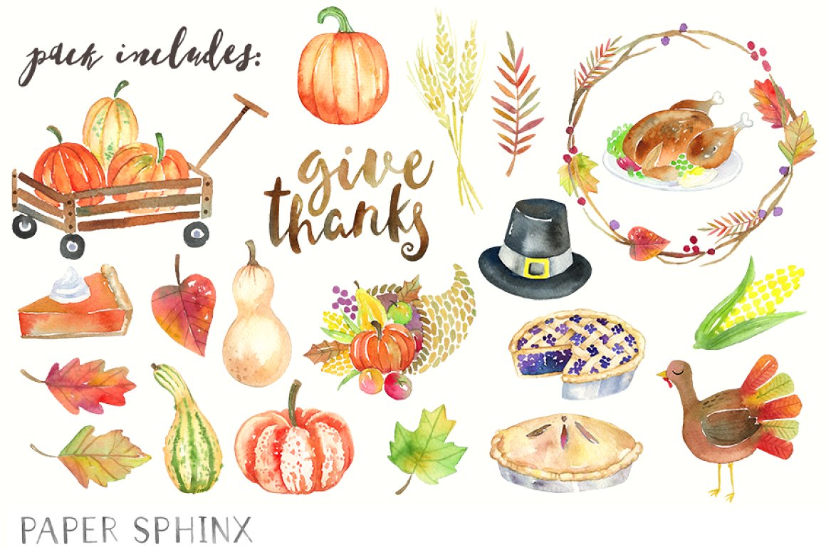 Bright watercolor elements for Thanksgiving.