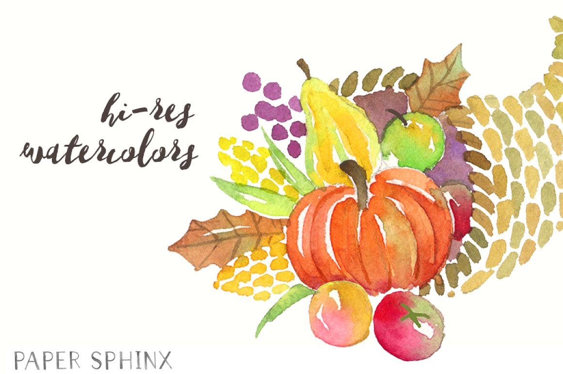 A ready watercolor illustration with pumpkins and apple.
