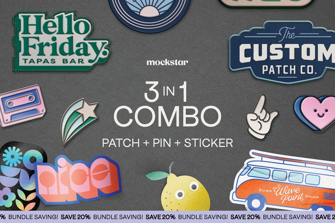Collection of images of colorful patch pin sticker mockup.